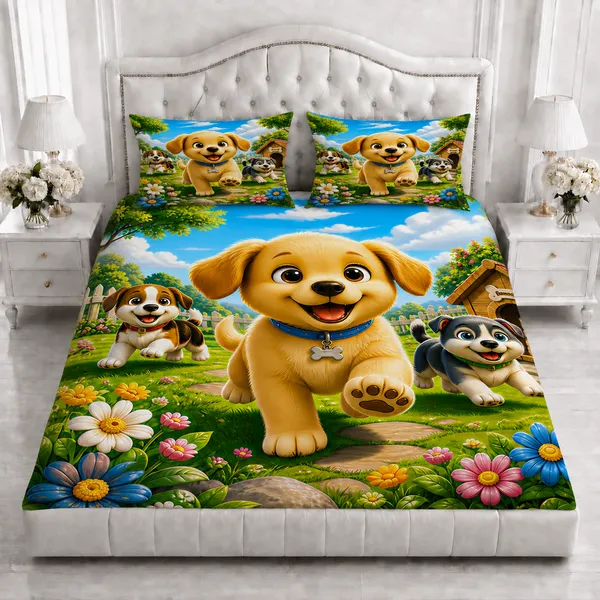 Blue_Cartoon_Dog_Floral_Print_Bedsheet