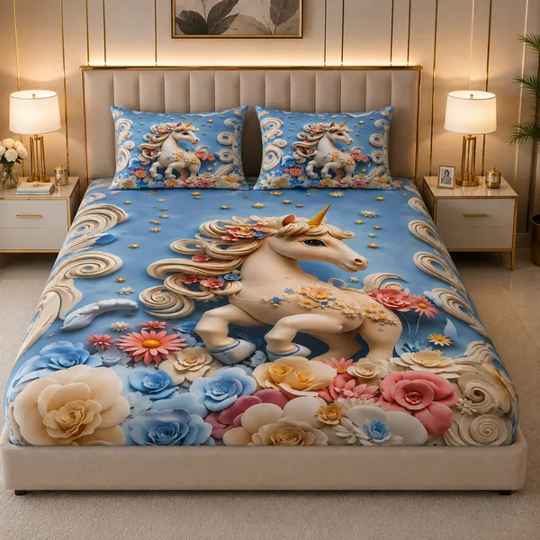 Blue_Fantasy_Unicorn_Floral_Print_Bedsheet_Set