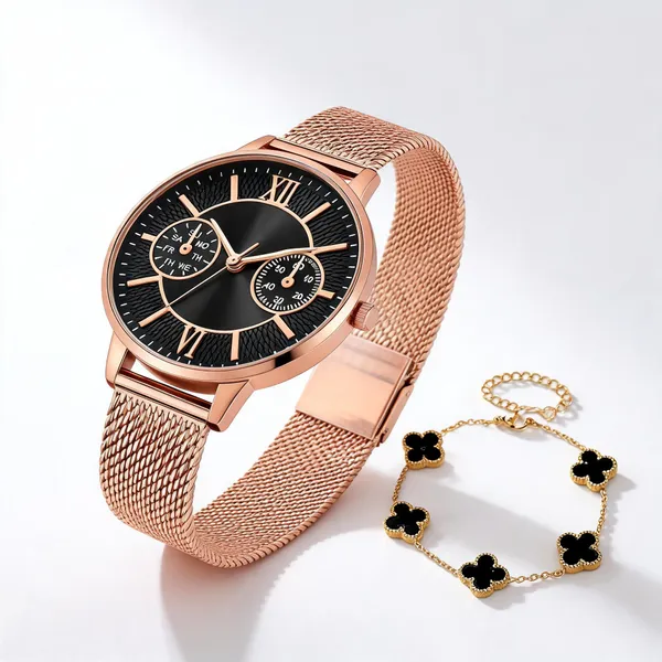 Rose_Gold_Stainless_Steel_Analog_Watch_With_Clover_Bracelet_For_Women