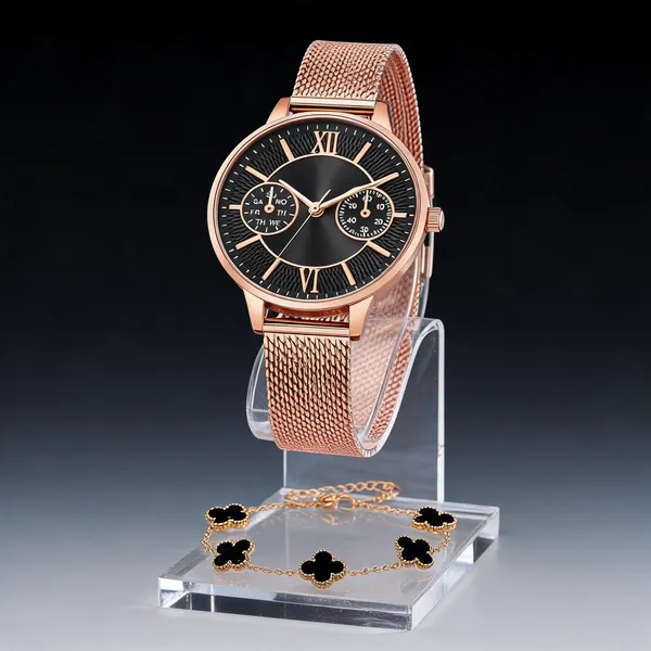 Rose_Gold_Stainless_Steel_Analog_Watch_With_Clover_Bracelet_For_Women