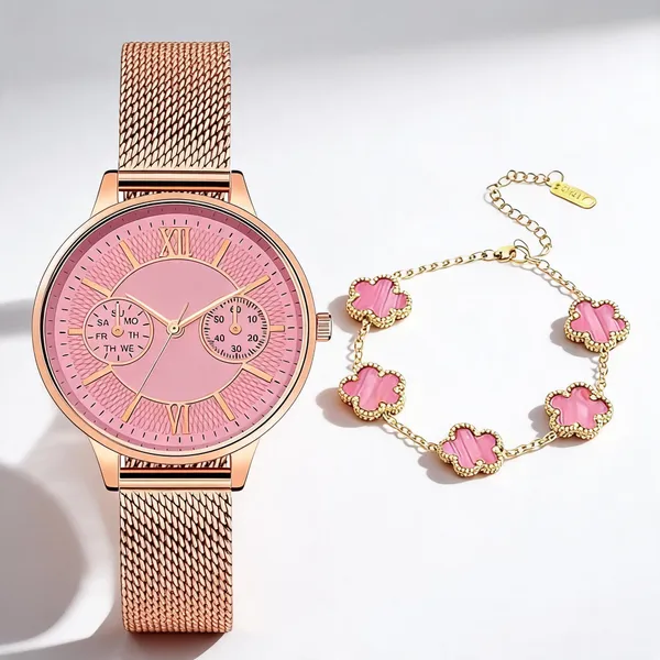 Rose_Gold_Mesh_Strap_Analog_Watch_And_Floral_Bracelet_For_Women