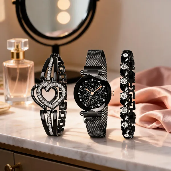 Black_Stainless_Steel_Analog_Bracelet_Watch_Set_Of_3_For_Women
