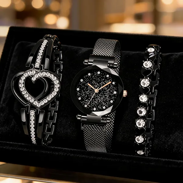 Black_Stainless_Steel_Analog_Bracelet_Watch_Set_Of_3_For_Women