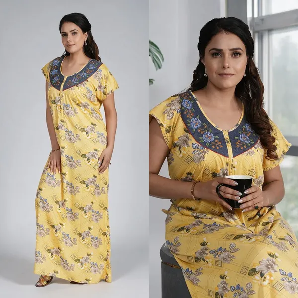 Yellow_Floral_Print_Relaxed_Fit_Nightdress_For_Women