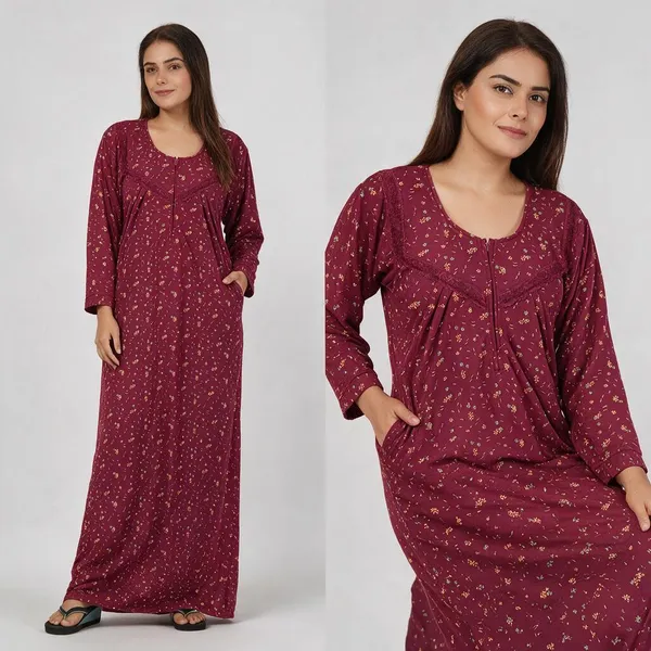 Maroon_Floral_Print_Full_Sleeve_Nightdress_For_Women