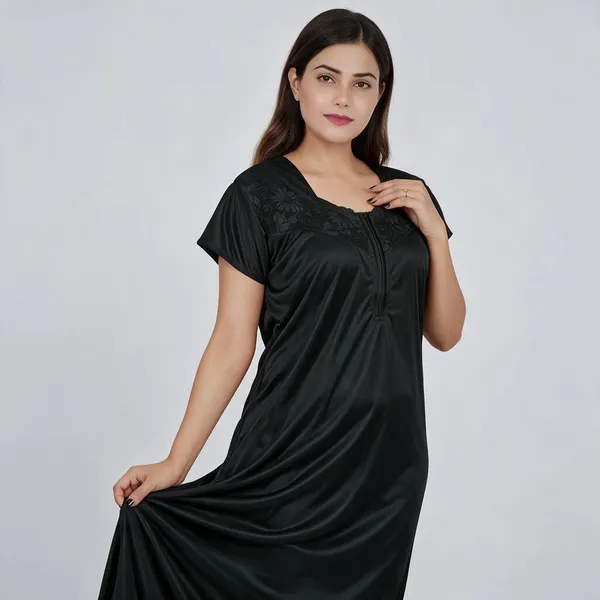 Black_Satin_Short_Sleeve_Nightdress_For_Women