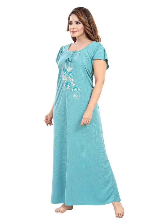 Teal_Embroidered_Short_Sleeve_Nightdress_for_Women
