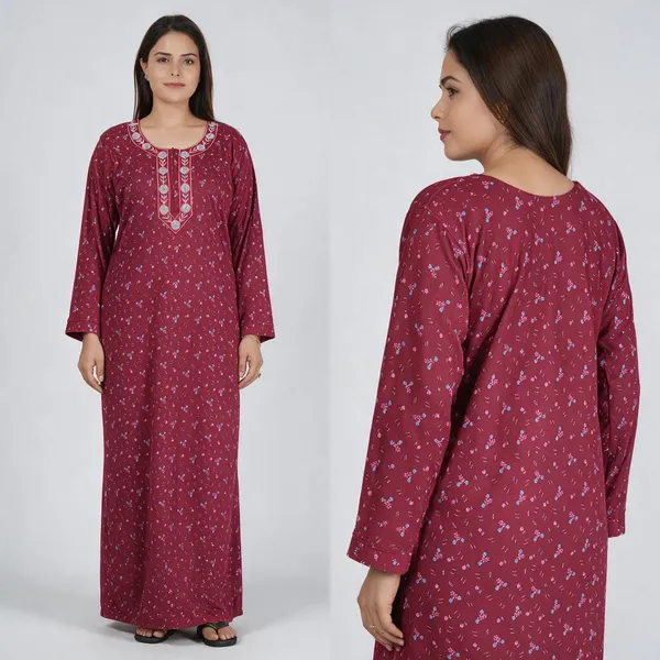 Maroon_Floral_Print_Full_Sleeve_Maxi_Nightdress_For_Women