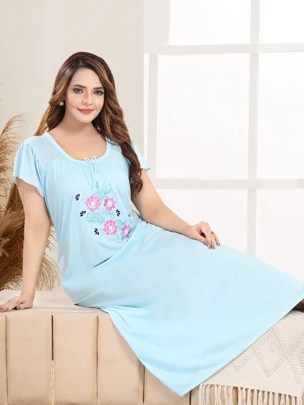 Blue_Short_Sleeve_Nightdress_For_Women