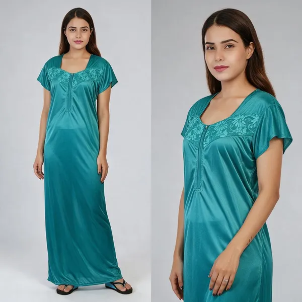 Teal_Satin_Lace_Yoke_Relaxed_Fit_Nightdress_For_Women