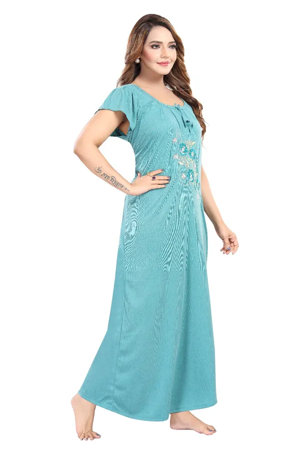 Teal_Embroidered_Short_Sleeve_Nightdress_for_Women