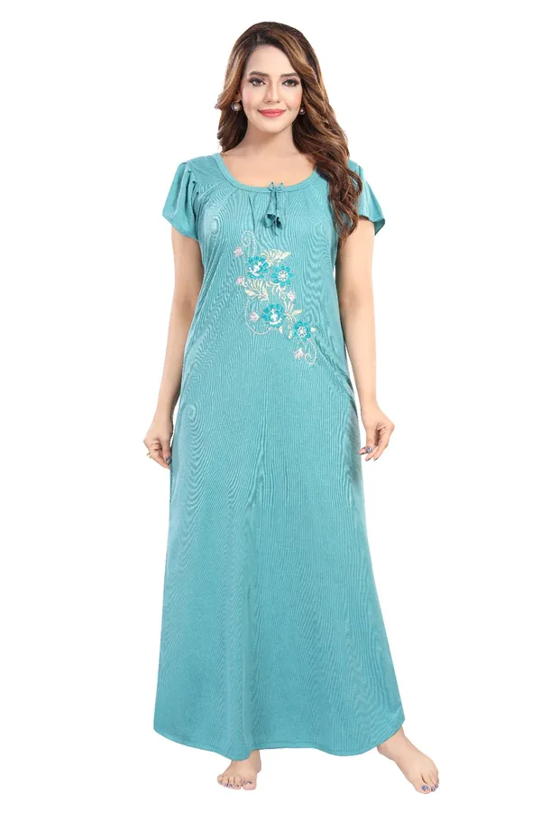 Teal_Embroidered_Short_Sleeve_Nightdress_for_Women