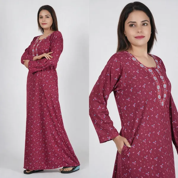 Maroon_Floral_Print_Full_Sleeve_Maxi_Nightdress_For_Women