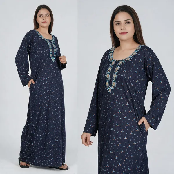 Navy_Floral_Print_Full_Sleeve_Nightdress_For_Women
