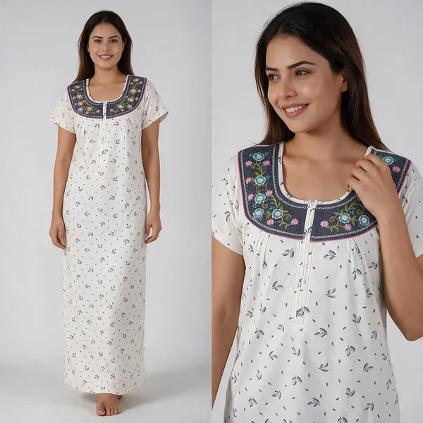 White_Leaf_Print_Relaxed_Fit_Nightdress_For_Women
