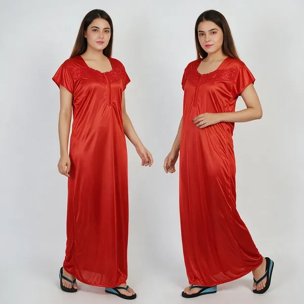 Red_Satin_Short_Sleeve_Relaxed_Fit_Nightdress_For_Women
