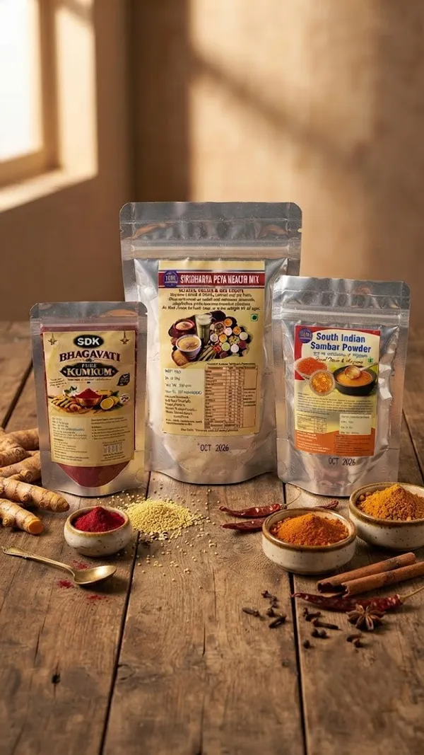 SDK_Bhagavati_Pure_Kumkum_And_Siridhanya_Peya_Health_Mix_With_Millets_Pulses_And_Dry_Fruits_And_South_Indian_Sambar_Powder