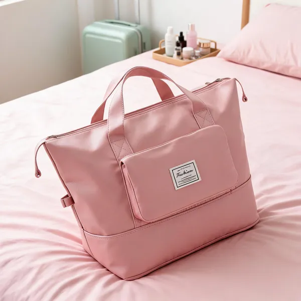 Pink_Leather_Foldable_Travel_Duffel_Bag_For_Women