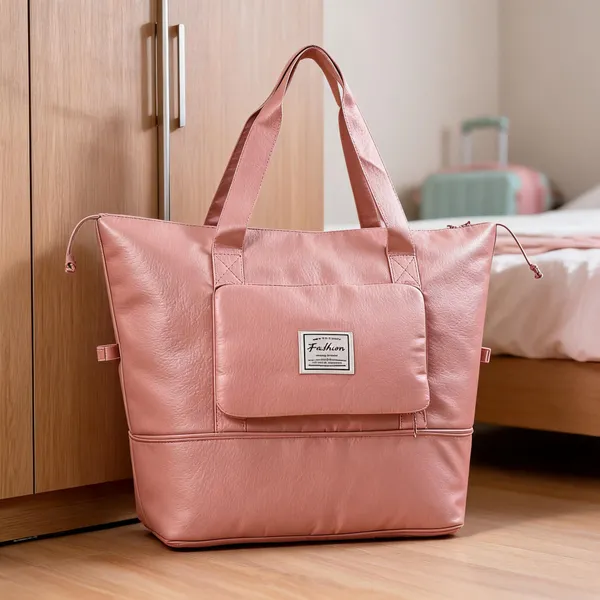 Pink_Leather_Foldable_Travel_Duffel_Bag_For_Women