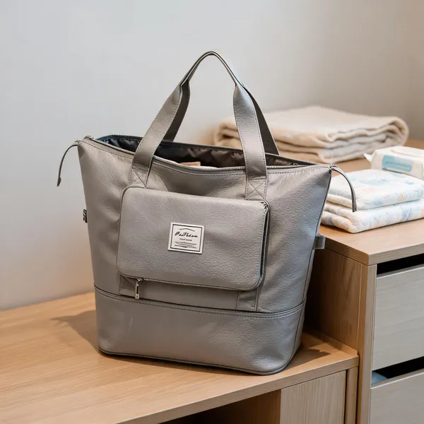 Grey_Leather_Multi-Compartment_Baby_Bag_For_Mothers
