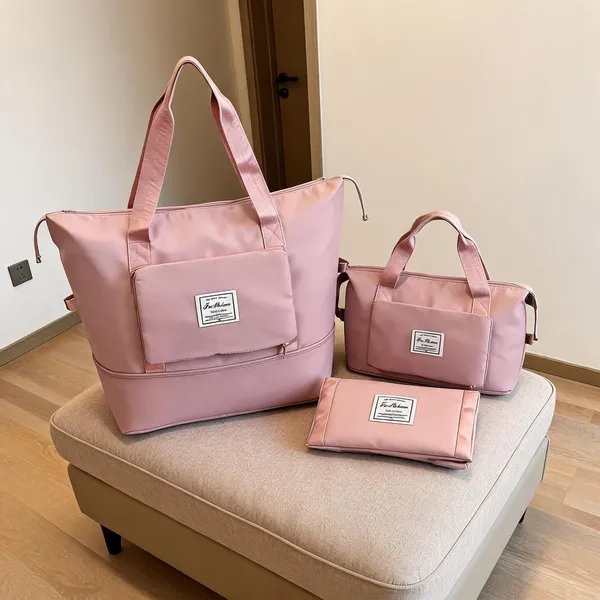 Pink_Leather_Structured_Travel_Bag_Set_For_Women