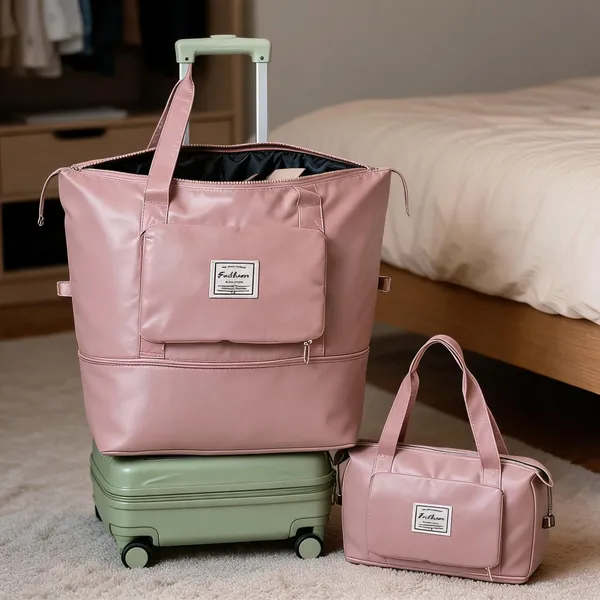 Pink_Leather_Structured_Travel_Bag_Set_For_Women