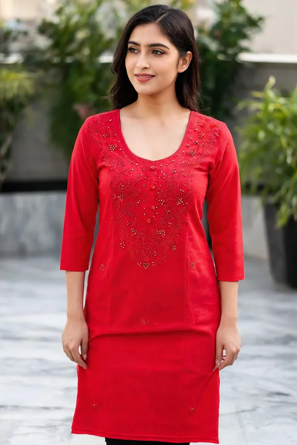 Red_Cambric_Cotton_Straight_Embellished_Kurta_For_Women
