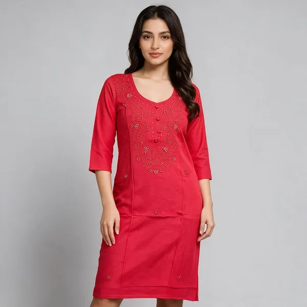 Red_Cambric_Cotton_Straight_Embellished_Kurta_&_Yellow_Cambric_Cotton_Straight_Embroidered_Kurta_For_Women_(Combo_of_2)