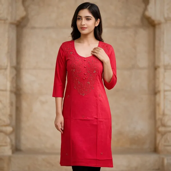 Red_Cambric_Cotton_Straight_Embellished_Kurta_&_Yellow_Cambric_Cotton_Straight_Embroidered_Kurta_For_Women_(Combo_of_2)
