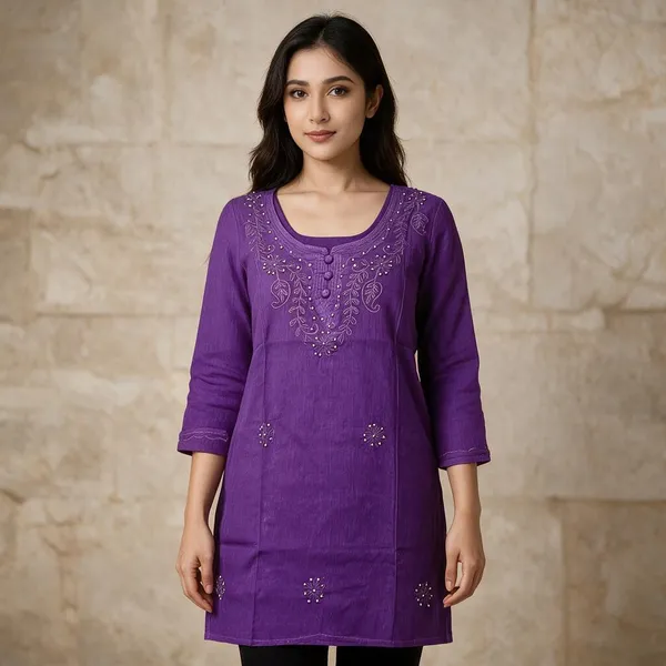 White_Dobby_Cotton_Straight_Tie-Dye_Embroidered_Kurta_&_Purple_Cambric_Cotton_Straight_Embroidered_Kurta_For_Women_(Combo_of_2)