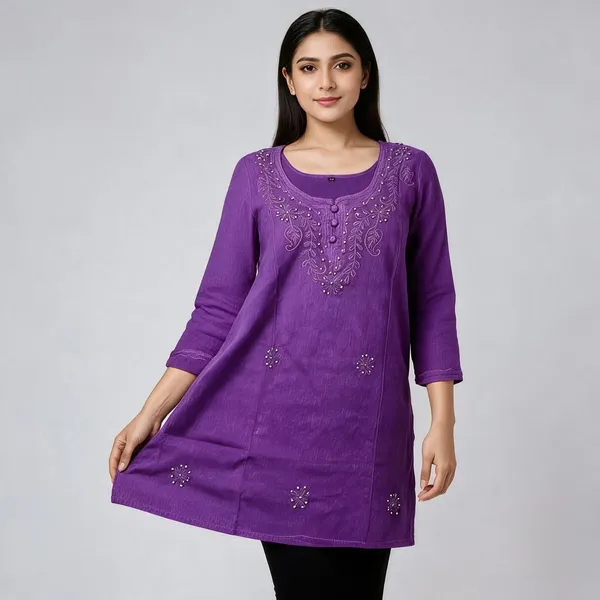 White_Dobby_Cotton_Straight_Tie-Dye_Embroidered_Kurta_&_Purple_Cambric_Cotton_Straight_Embroidered_Kurta_For_Women_(Combo_of_2)