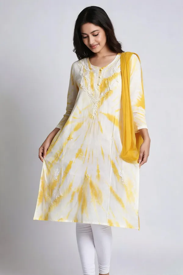 White_Dobby_Cotton_Straight_Tie-Dye_Embroidered_Kurta_For_Women
