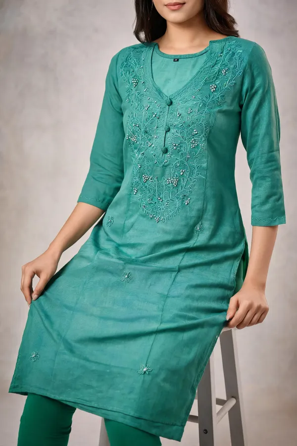 Green_Cambric_Cotton_Straight_Embroidered_Kurta_For_Women