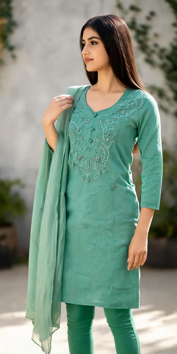 Green_Cambric_Cotton_Straight_Embroidered_Kurta_For_Women