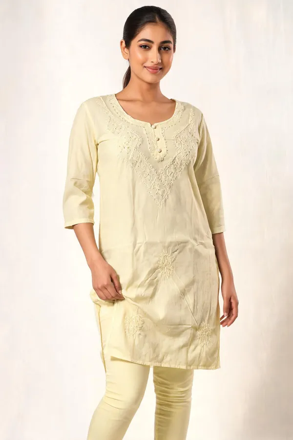 Yellow_Cambric_Cotton_Straight_Embroidered_Kurta_For_Women
