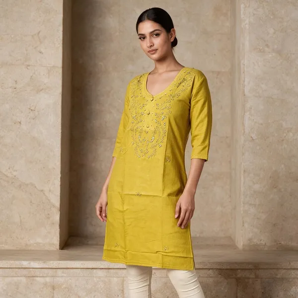 Yellow_Cambric_Cotton_Straight_Embroidered_Kurta_For_Women