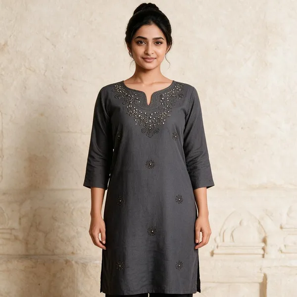 Grey_Cambric_Cotton_Straight_Embroidered_Kurta_For_Women