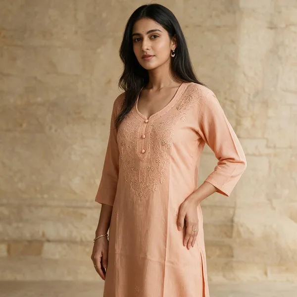 Peach_Cambric_Cotton_Straight_Embroidered_Kurta_For_Women