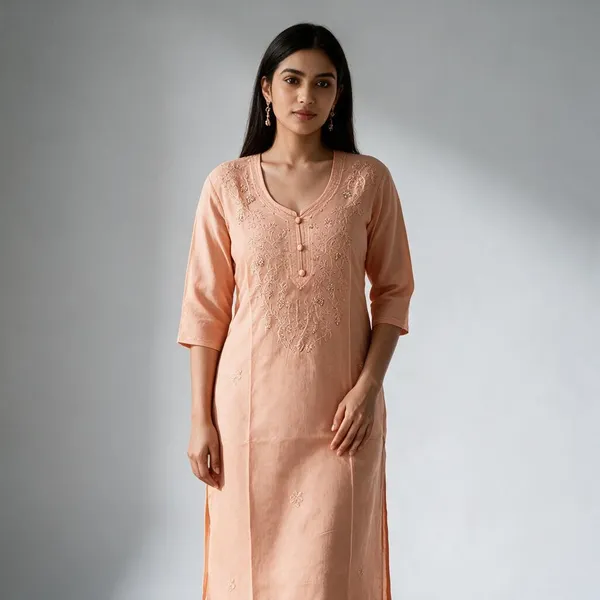 Peach_Cambric_Cotton_Straight_Embroidered_Kurta_For_Women
