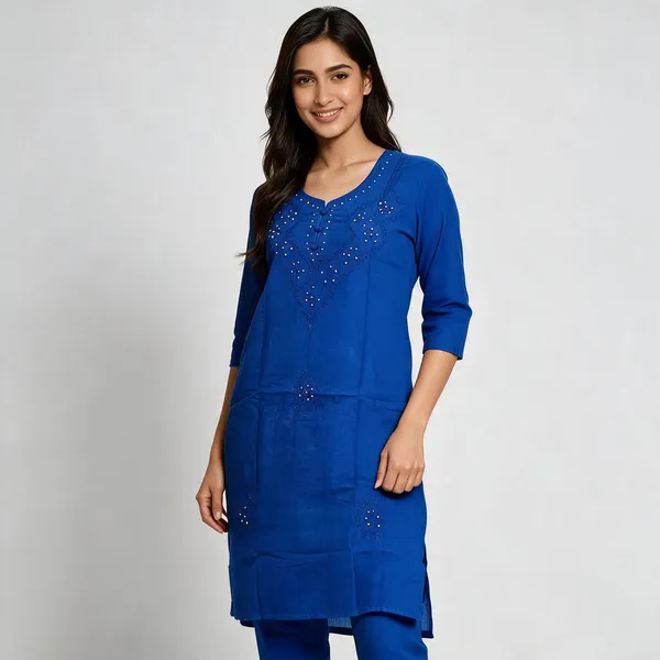 Blue_Cambric_Cotton_Straight_Embellished_Kurta_For_Women