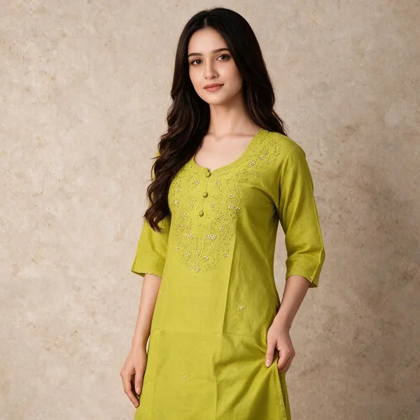 Lime_Green_Cambric_Cotton_Straight_Embroidered_Kurta_For_Women