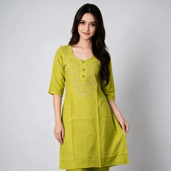 Lime_Green_Cambric_Cotton_Straight_Embroidered_Kurta_For_Women