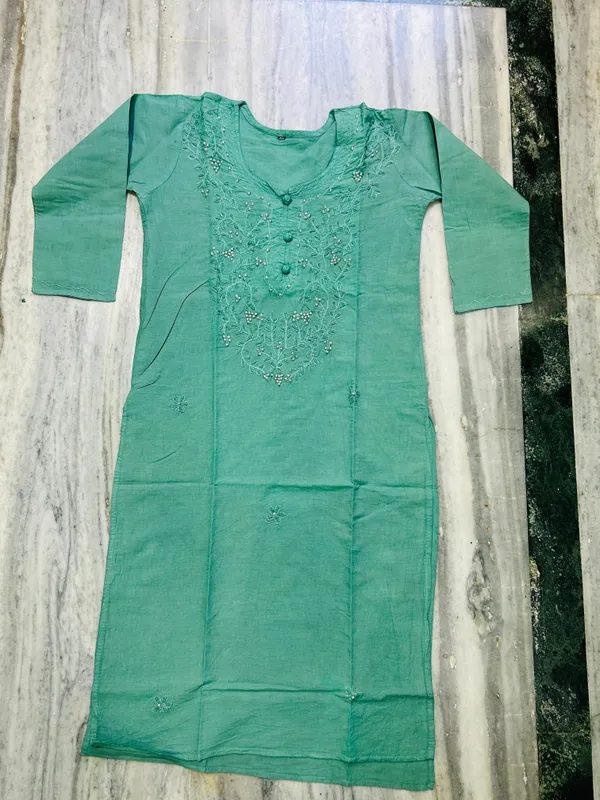 Green_Cambric_Cotton_Straight_Embroidered_Kurta_For_Women
