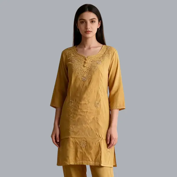 Mustard_Cambric_Cotton_Straight_Embroidered_Kurta_For_Women