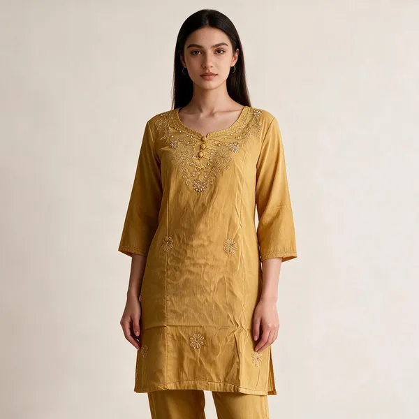 Mustard_Cambric_Cotton_Straight_Embroidered_Kurta_For_Women