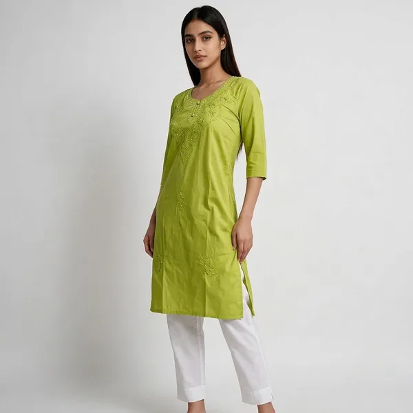 Lime_Green_Cambric_Cotton_Straight_Embroidered_Kurta_For_Women