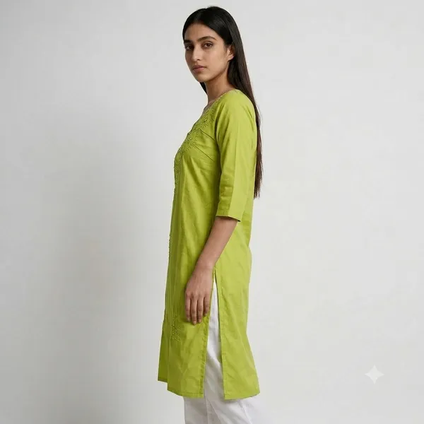 Lime_Green_Cambric_Cotton_Straight_Embroidered_Kurta_For_Women
