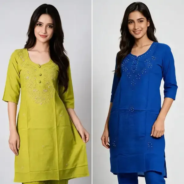 Blue_Cambric_Cotton_Straight_Embellished_Kurta_&_Lime_Green_Cambric_Cotton_Straight_Embroidered_Kurta_For_Women_(Combo_of_2)