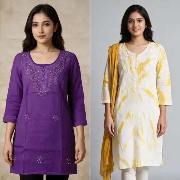 White_Dobby_Cotton_Straight_Tie-Dye_Embroidered_Kurta_&_Purple_Cambric_Cotton_Straight_Embroidered_Kurta_For_Women_(Combo_of_2)