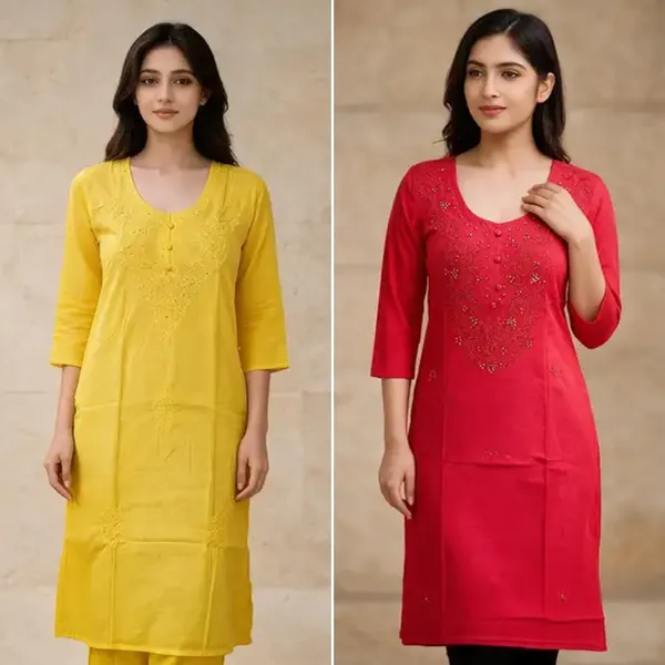 Red_Cambric_Cotton_Straight_Embellished_Kurta_&_Yellow_Cambric_Cotton_Straight_Embroidered_Kurta_For_Women_(Combo_of_2)